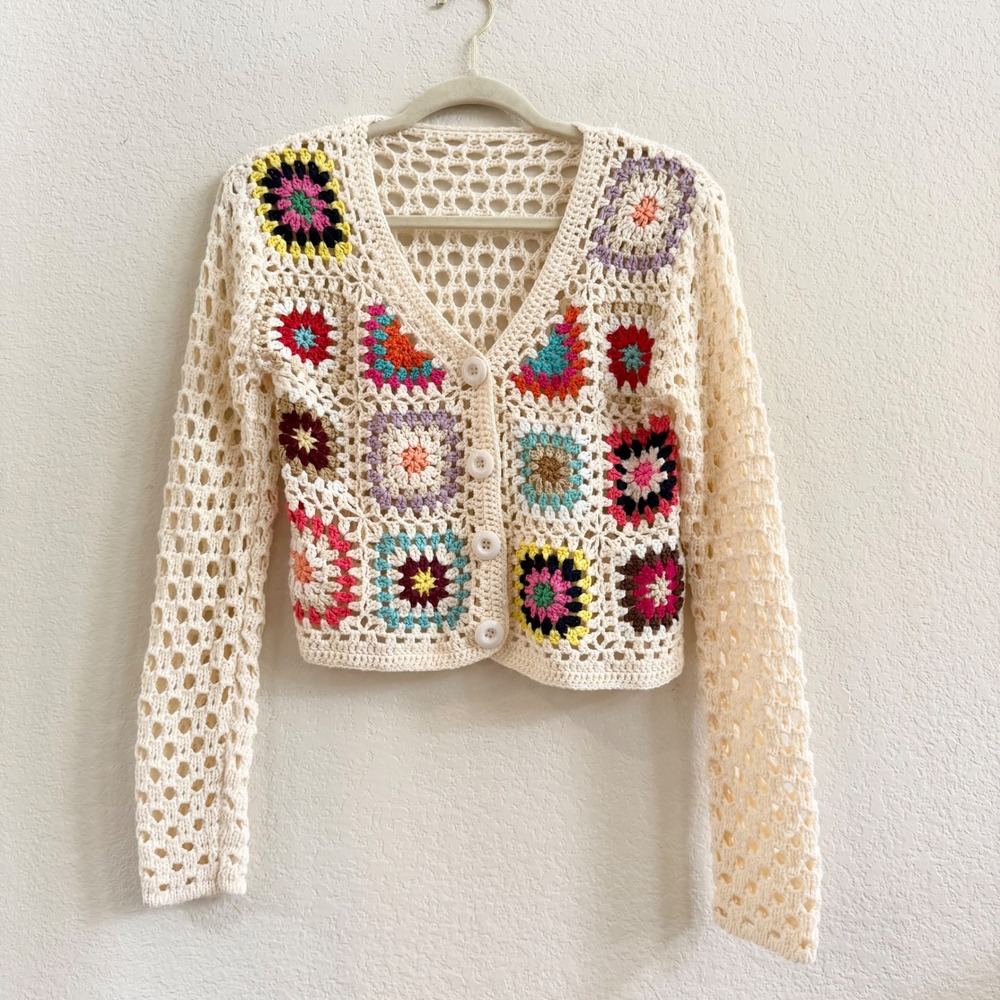 Vintage Style Granny Square Crochet Cardigan Cream Multi Boho Cropped Sweater S - Picture 6 of 9